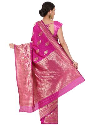 Hot Pink Woven Silk Blend Saree With Blouse 4