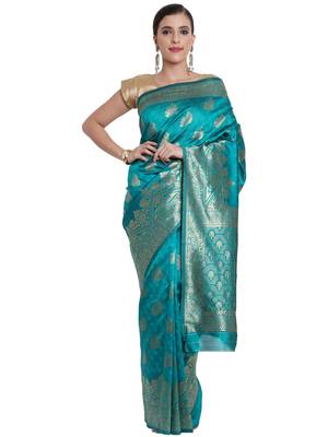 Turquoise Woven Silk Blend Saree With Blouse 1