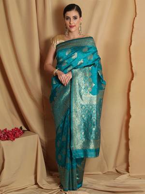 Turquoise Woven Silk Blend Saree With Blouse 2