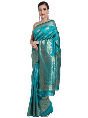 Turquoise Woven Silk Blend Saree With Blouse 3