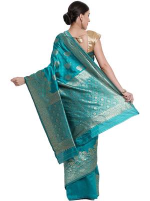 Turquoise Woven Silk Blend Saree With Blouse 4