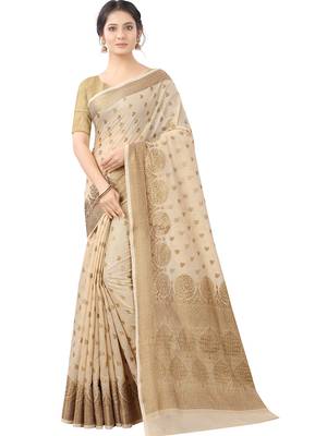 Beige Woven Cotton Silk Saree With Blouse 1