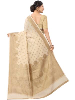 Beige Woven Cotton Silk Saree With Blouse 2