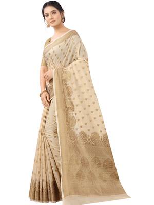 Beige Woven Cotton Silk Saree With Blouse 3