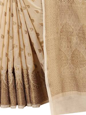Beige Woven Cotton Silk Saree With Blouse 5