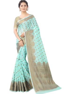 Aqua Blue Woven Cotton Silk Saree With Blouse 1
