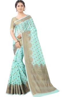 Aqua Blue Woven Cotton Silk Saree With Blouse