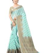 Aqua Blue Woven Cotton Silk Saree With Blouse