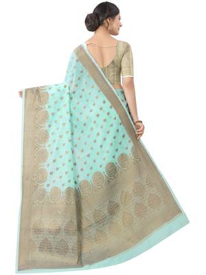 Aqua Blue Woven Cotton Silk Saree With Blouse 2