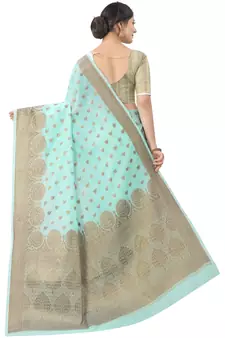 Aqua Blue Woven Cotton Silk Saree With Blouse