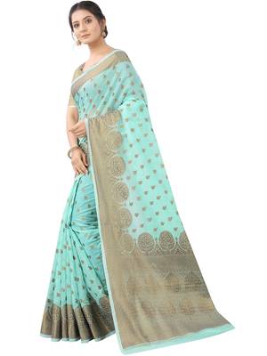 Aqua Blue Woven Cotton Silk Saree With Blouse 3