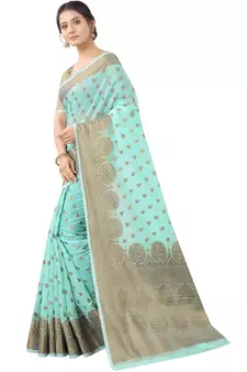 Aqua Blue Woven Cotton Silk Saree With Blouse