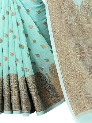 Aqua Blue Woven Cotton Silk Saree With Blouse 5