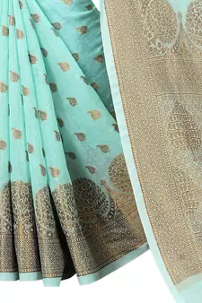 Aqua Blue Woven Cotton Silk Saree With Blouse