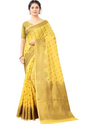 Yellow Woven Cotton Silk Saree With Blouse 1