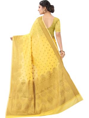Yellow Woven Cotton Silk Saree With Blouse 2