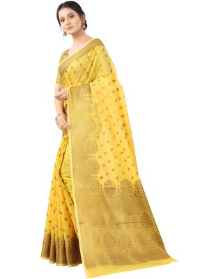 Yellow Woven Cotton Silk Saree With Blouse 3