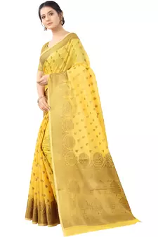 Yellow Woven Cotton Silk Saree With Blouse