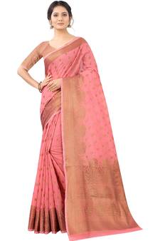 Peach Woven Cotton Silk Saree With Blouse