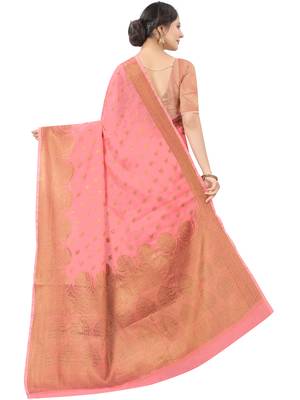 Peach Woven Cotton Silk Saree With Blouse 2