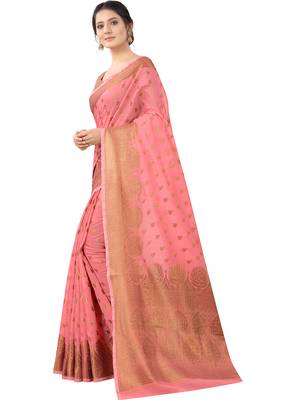Peach Woven Cotton Silk Saree With Blouse 3