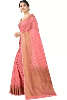 Peach Woven Cotton Silk Saree With Blouse