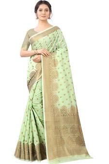 Sea Green Woven Cotton Silk Saree With Blouse