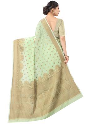 Sea Green Woven Cotton Silk Saree With Blouse 2