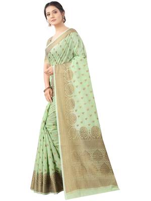 Sea Green Woven Cotton Silk Saree With Blouse 3