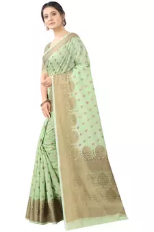Sea Green Woven Cotton Silk Saree With Blouse