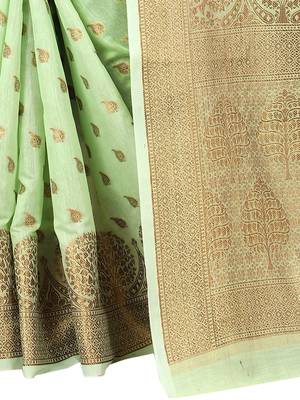Sea Green Woven Cotton Silk Saree With Blouse 5