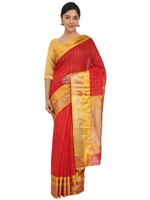 Red Woven Cotton Silk Saree With Blouse 1