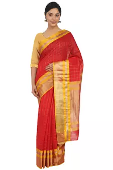 Red Woven Cotton Silk Saree With Blouse