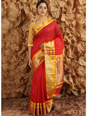 Red Woven Cotton Silk Saree With Blouse 2