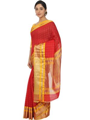 Red Woven Cotton Silk Saree With Blouse 3