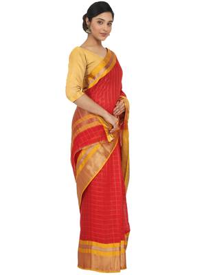 Red Woven Cotton Silk Saree With Blouse 4