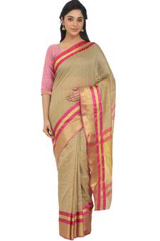 Beige Woven Cotton Silk Saree With Blouse