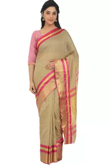 Beige Woven Cotton Silk Saree With Blouse