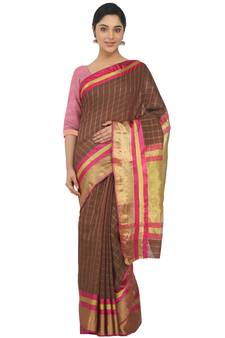 Brown Woven Cotton Silk Saree With Blouse