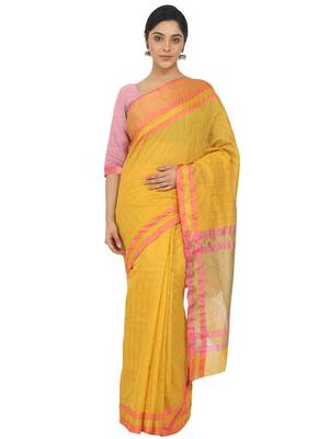 Yellow Woven Cotton Silk Saree With Blouse 1