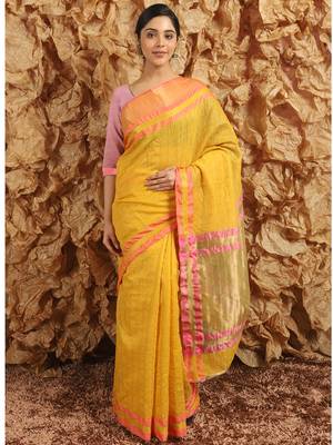Yellow Woven Cotton Silk Saree With Blouse 2