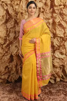 Yellow Woven Cotton Silk Saree With Blouse