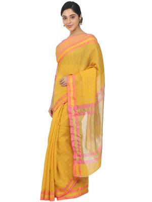 Yellow Woven Cotton Silk Saree With Blouse 3
