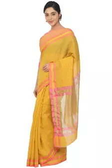 Yellow Woven Cotton Silk Saree With Blouse