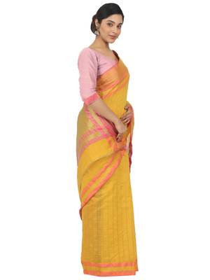 Yellow Woven Cotton Silk Saree With Blouse 4