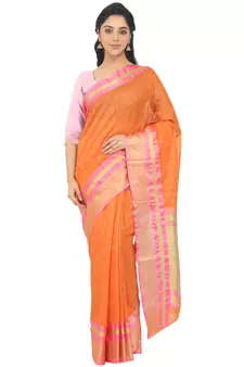 Orange Woven Cotton Silk Saree With Blouse