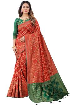 Red Woven Cotton Silk Saree With Blouse