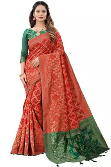 Red Woven Cotton Silk Saree With Blouse