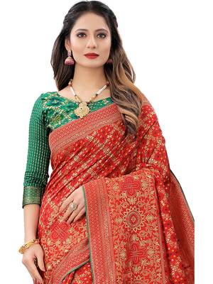 Red Woven Cotton Silk Saree With Blouse 2