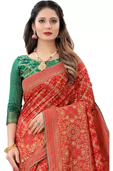 Red Woven Cotton Silk Saree With Blouse
